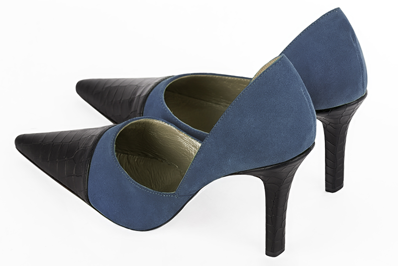 Satin black and denim blue women's open arch dress pumps. Pointed toe. Very high slim heel. Rear view - Florence KOOIJMAN